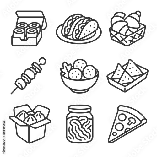 Multicultural Picnic Foods Icons. Line style icons of multicultural picnic foods: sushi roll box, tacos on plate, croissants in