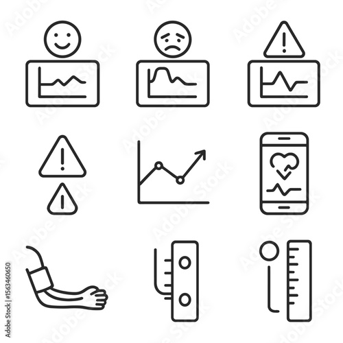 Blood Pressure Icons. Line style icons of blood pressure interpretation: normal BP chart, stage 1 hypertension, stage 2
