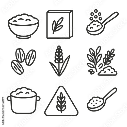 Baby Cereal Icons. Line style icons of baby cereals and grains: oatmeal bowl, rice cereal box, quinoa spoon, barley flakes, millet