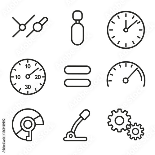 Chronograph Icon Set. Line style icons of chronograph parts: subdial hands, stopwatch button, chronograph dial, minute totalizer,