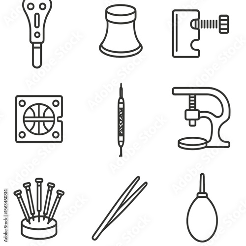 Watch Repair Icons. Line style icons of watch repair tools: case opener, watchmaker loupe, link remover tool, movement holder,