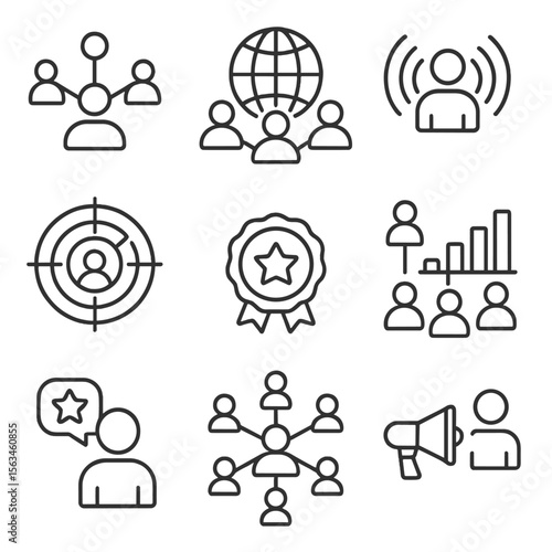 Business Influence Icons. Line style icons of business influence and reach: expanding network, global business node map, brand