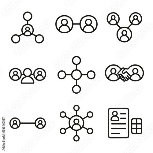 Network Relationship Icons. Line style icons of client and vendor networks: supplier node, buyer connection, vendor relationship