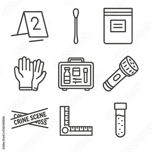 Forensic Evidence Icons. Line style icons of forensic evidence tools: evidence marker tent, swab stick, evidence bag, forensic kit