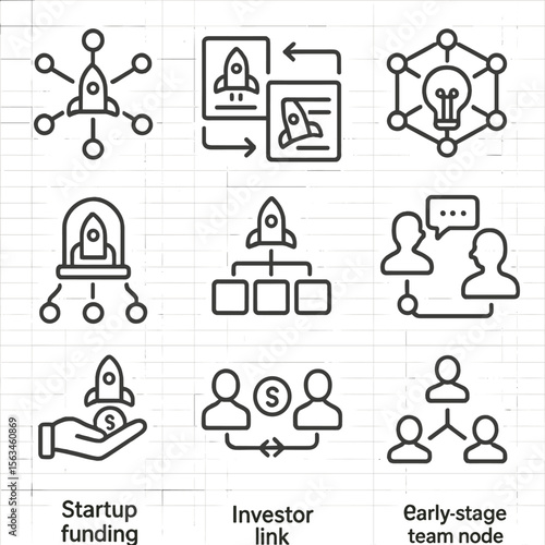 Startup Innovation Icons. Line style icons of startup and innovation network: startup cluster, pitch deck exchange, innovation web