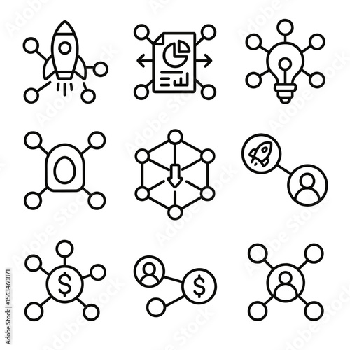 Startup Innovation Icons. Line style icons of startup and innovation network: startup cluster, pitch deck exchange, innovation web
