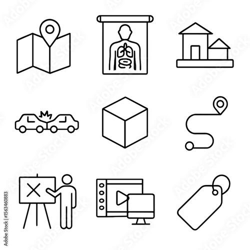 Demonstrative Evidence Icons. Line style icons of demonstrative evidence: map with marker, anatomical chart, physical model icon,