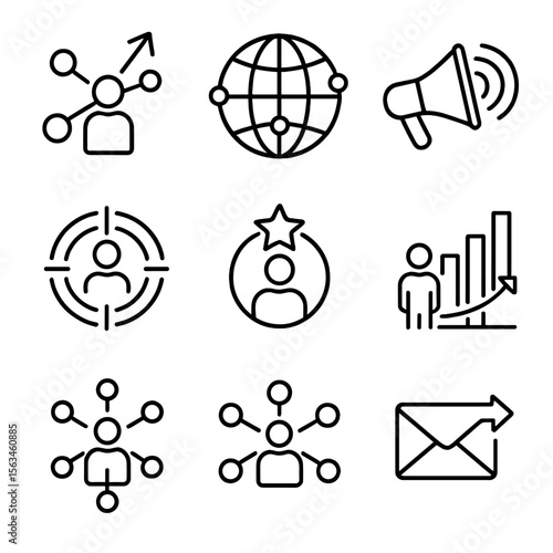 Business Influence Icons. Line style icons of business influence and reach: expanding network, global business node map, brand