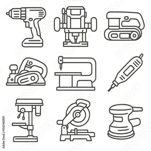 Woodworking Power Tools Icons. Line style icons of power tools for woodworking: cordless drill, router tool, belt sander, power