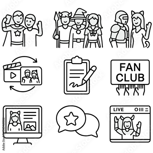 Cosplay Community Icons. Line style icons of social aspects of cosplay: selfie with fan, group cosplay moment, character meetup,