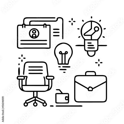 Minimal Vector Business Icons Set – Line Art Style with Contract, Briefcase, Laptop, and Teamwor