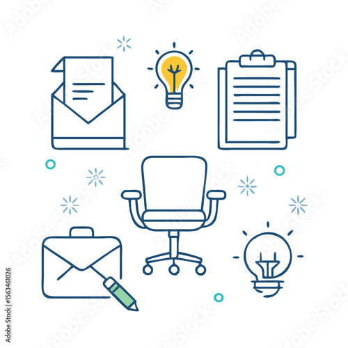 Minimal Vector Business Icons Set – Line Art Style with Contract, Briefcase, Laptop, and Teamwor
