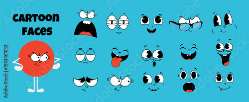 A set of cartoon faces with different emotions: sad, laughing, happy, angry, surprised, frightened, smiling, interested, and wearing glasses. Vector illustration of retro mascot characters' faces.