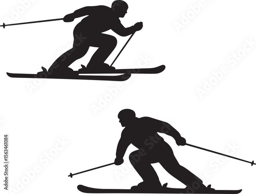 Skiing silhouette, skiing downhill silhouette vector, set alpine skiing silhouette sports vector illustration