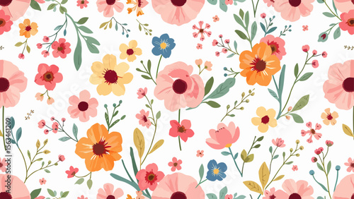 Watercolor floral seamless pattern in vintage rustic style, colored garden illustration on ivory background