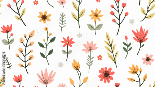 Watercolor floral seamless pattern in vintage rustic style, colored garden illustration on ivory background