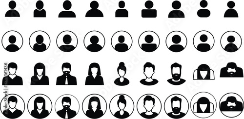 Flat line avatar icons set for profiles, social media, forums, featuring diverse ages, genders, professions, anonymous users, male and female vectors.