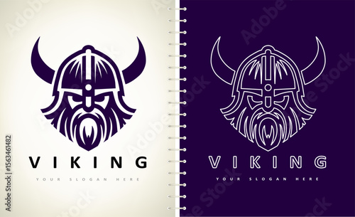 Viking and anchor logo. Scandinavian sailors symbol. Nordic warrior design. Horned Norseman symbol. Barbarian man head icon with horn helmet and beard