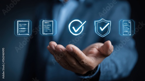 Businessman Presenting Digital Workflow Features Including Document Management, Verification, Audit Trail, and Security Shield for Modern Office Solutions