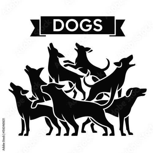 Black silhouette illustration of eight barking dog breeds in dynamic poses, clean vector on white background