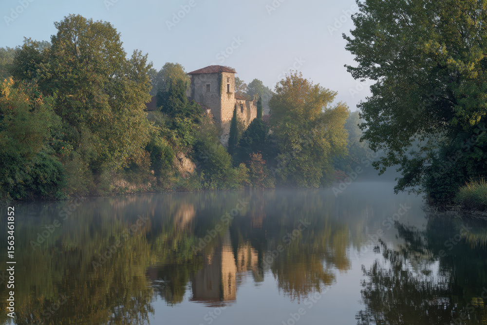 Fototapeta premium Historic Castle by the Riverbank with Mirrored Reflection