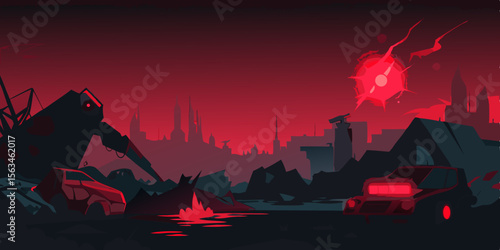 Cyberpunk Junkyard Lit By Pulsing Red LEDs With Glowing Circuits