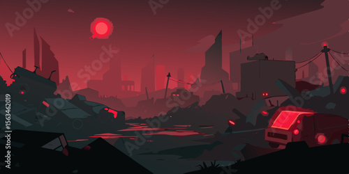 Cyberpunk Junkyard Lit By Pulsing Red LEDs With Glowing Circuits