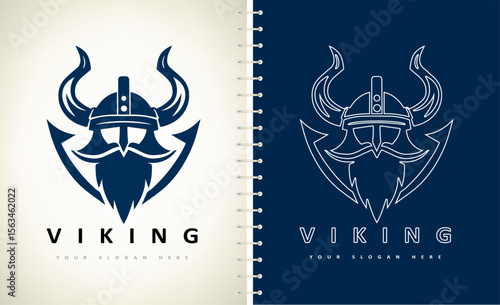 Viking and anchor logo. Scandinavian sailors symbol. Nordic warrior design. Horned Norseman symbol. Barbarian man head icon with horn helmet and beard