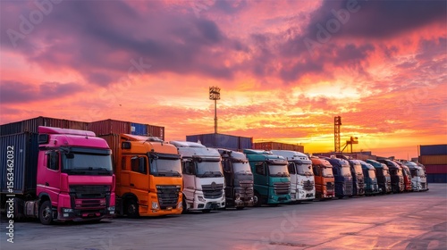 Vibrant Sunset Over a Row of Colorful Trucks in a Shipping Yard Surrounded by Containers and Cranes Against a Dramatic Cloudy Sky