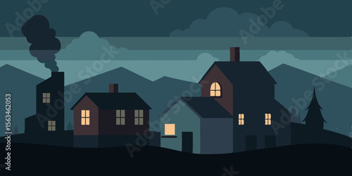 Deserted Village At Dusk All Windows Boarded And Doors Broken