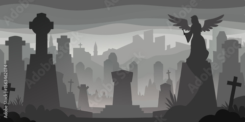 Gloomy Graveyard Cloaked In Mist With Old Angel Statue