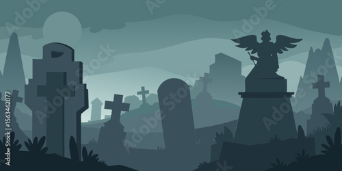 Gloomy Graveyard Cloaked In Mist With Old Angel Statue