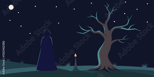 Hooded Figure Summoning Spirits Beneath A Dead Tree