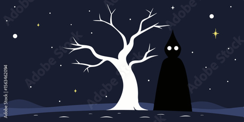 Hooded Figure Summoning Spirits Beneath A Dead Tree
