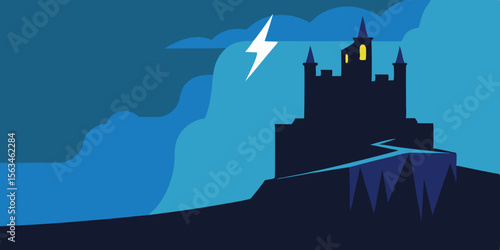 A Shadowy Castle On A Cliff Lightning Flashing Behind