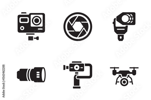 set photography videography equipment highlighting action cameras wide-angle lenses focal lengths flash guns extra lighting sets