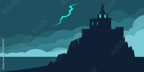 A Shadowy Castle On A Cliff Lightning Flashing Behind