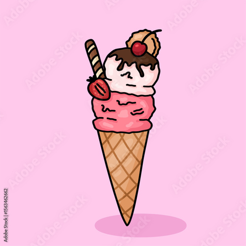 Delicious ice cream cone with strawberry and vanilla flavor and chocolate topping