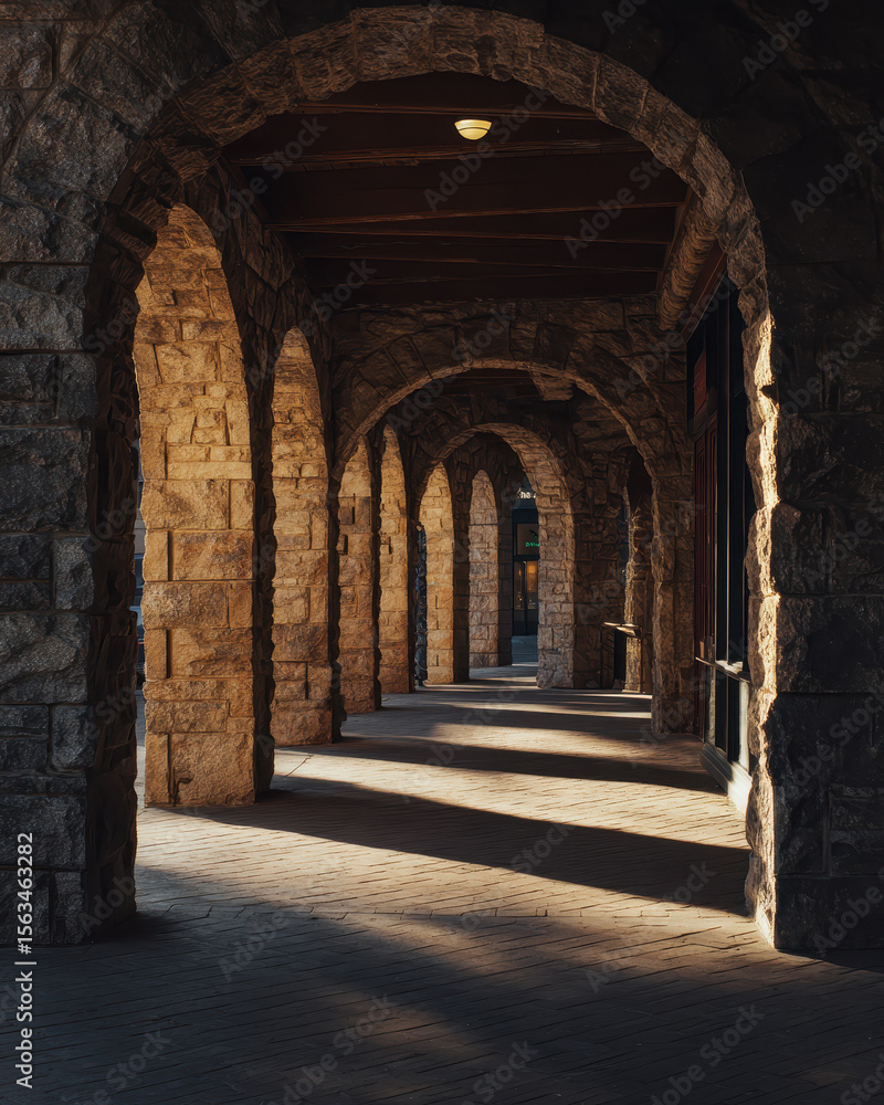Naklejka premium Historic Stone Arcade with Repeating Arches and Soft Sunlight