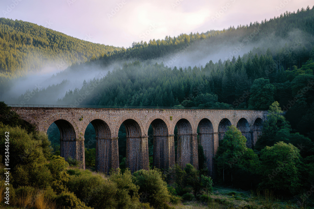 Fototapeta premium Historic Stone Viaduct over Forest Valley with Light Fog