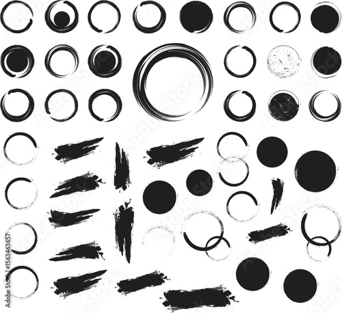 Mega bundle of different ink brush strokes:rectangle,square and round freehand drawings.Ink splatters,grungy painted lines,artistic design elements:waves,circles,triangles.