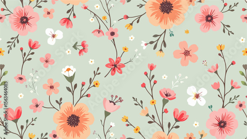 Seamless pattern background featuring a collection of vintage botanical illustrations with flowers and leaves in muted colors
