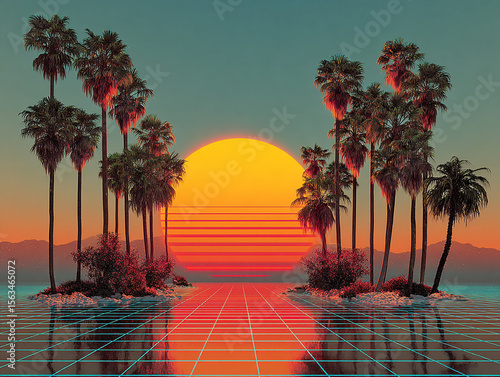 Retro vaporwave grid with sunset and palm trees, nostalgic theme