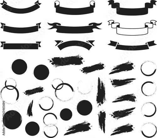 Mega bundle of different ink brush strokes:rectangle,square and round freehand drawings.Ink splatters,grungy painted lines,artistic design elements:waves,circles,triangles.