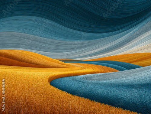 Stylized wind blowing across grain field, digital motion art