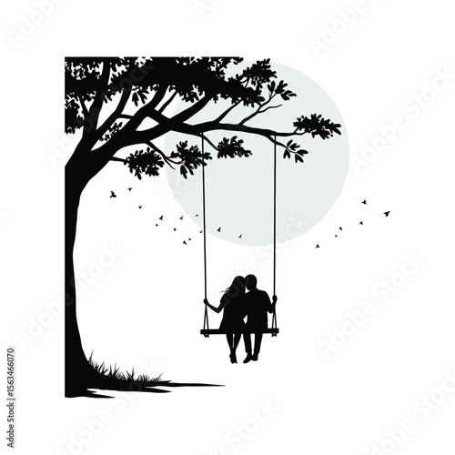 Romantic Couple Silhouette on Tree Swing under Moon Birds Flying Love Nature
