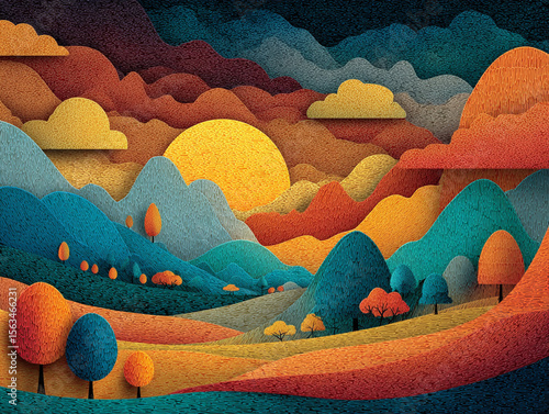 Paper cut-out style nature landscape, vector feel, layered texture