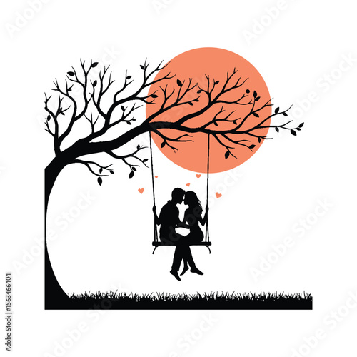 Silhouette of a couple kissing on a swing under a tree with a sunset background
