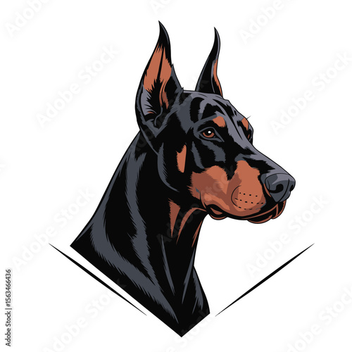 Sharp angular black and white vector illustration of a Doberman head in side view with bold lines and sleek silhouette style