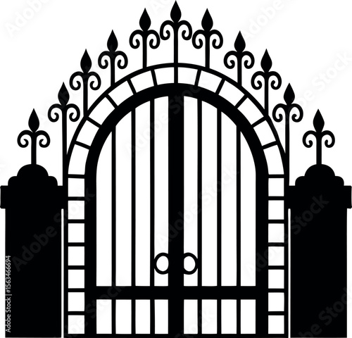 Ornate Wrought Iron Arch Gate with Decorative Finials and Brick Pillars